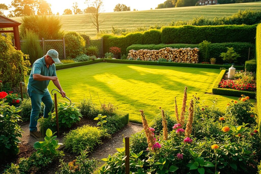 A lush, verdant garden in the warm afternoon light. In the foreground, a gardener diligently tends to the beds, pruning and weeding with care. The middle ground features a well-maintained lawn, bordered by vibrant flowerbeds and neatly trimmed hedges. In the background, a neatly stacked woodpile and a gently sloping hill create a sense of depth and natural harmony. The scene conveys a tranquil, serene atmosphere, with the gardener's attentive work serving as the focal point. A wide-angle lens captures the full scope of the garden's maintenance, showcasing the meticulous upkeep required to keep it thriving and beautiful. A lush, verdant garden in the warm afternoon light. In the foreground, a gardener diligently tends to the beds, pruning and weeding with care. The middle ground features a well-maintained lawn, bordered by vibrant flowerbeds and neatly trimmed hedges. In the background, a neatly stacked woodpile and a gently sloping hill create a sense of depth and natural harmony. The scene conveys a tranquil, serene atmosphere, with the gardener's attentive work serving as the focal point. A wide-angle lens captures the full scope of the garden's maintenance, showcasing the meticulous upkeep required to keep it thriving and beautiful.