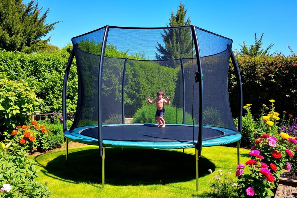 Ein Trampolin mit Netz im Garten Ein Trampolin mit Netz im Garten