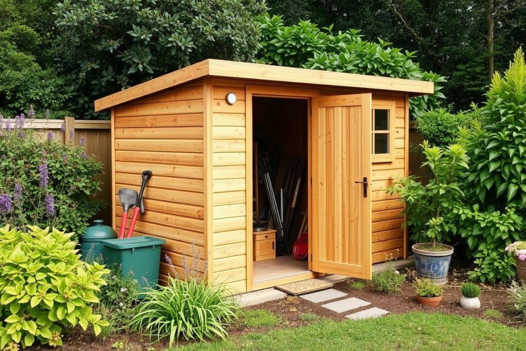 Eine Holzhütte für Gartengeräte Eine Holzhütte für Gartengeräte
